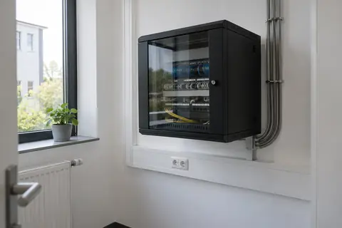 Netzwerkschrank im Büro · KI-Beispielvisualisierung